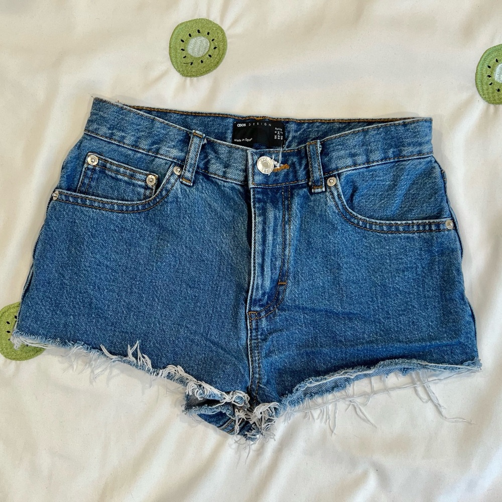 ASOS DESIGN | Petite denim high rise mini shorts, Midwash Blue, Size 2